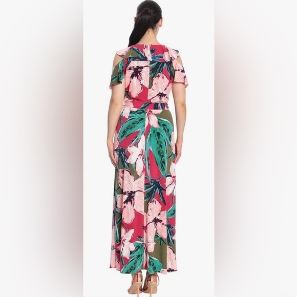 NWT Maggy London Ruffle V-Neck Floral Print Maxi Dress Cold Shoulder Size 4P - Picture 2 of 13